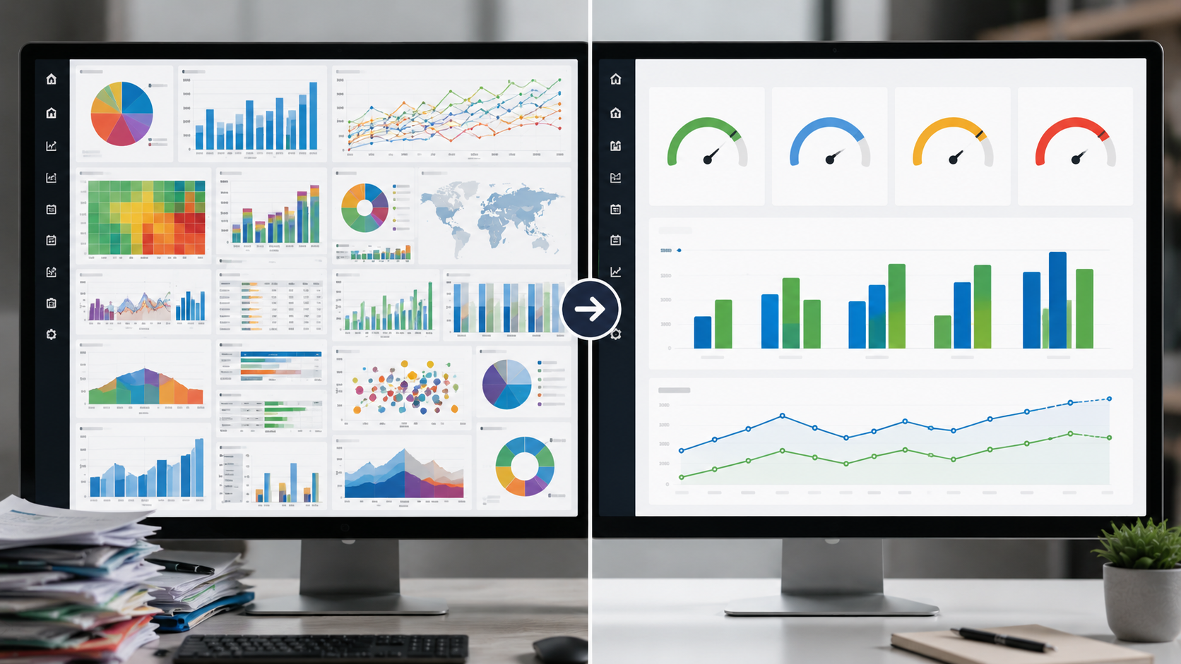 Usporedba pretrpanog dashboarda s previše grafikona i preglednog dashboarda s nekoliko ključnih KPI-jeva